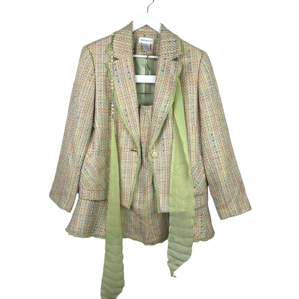 WORTHINGTON NWT Women’s Tweed Skirt Suit Spring Lime GreenTrim Belt/Necklace 16